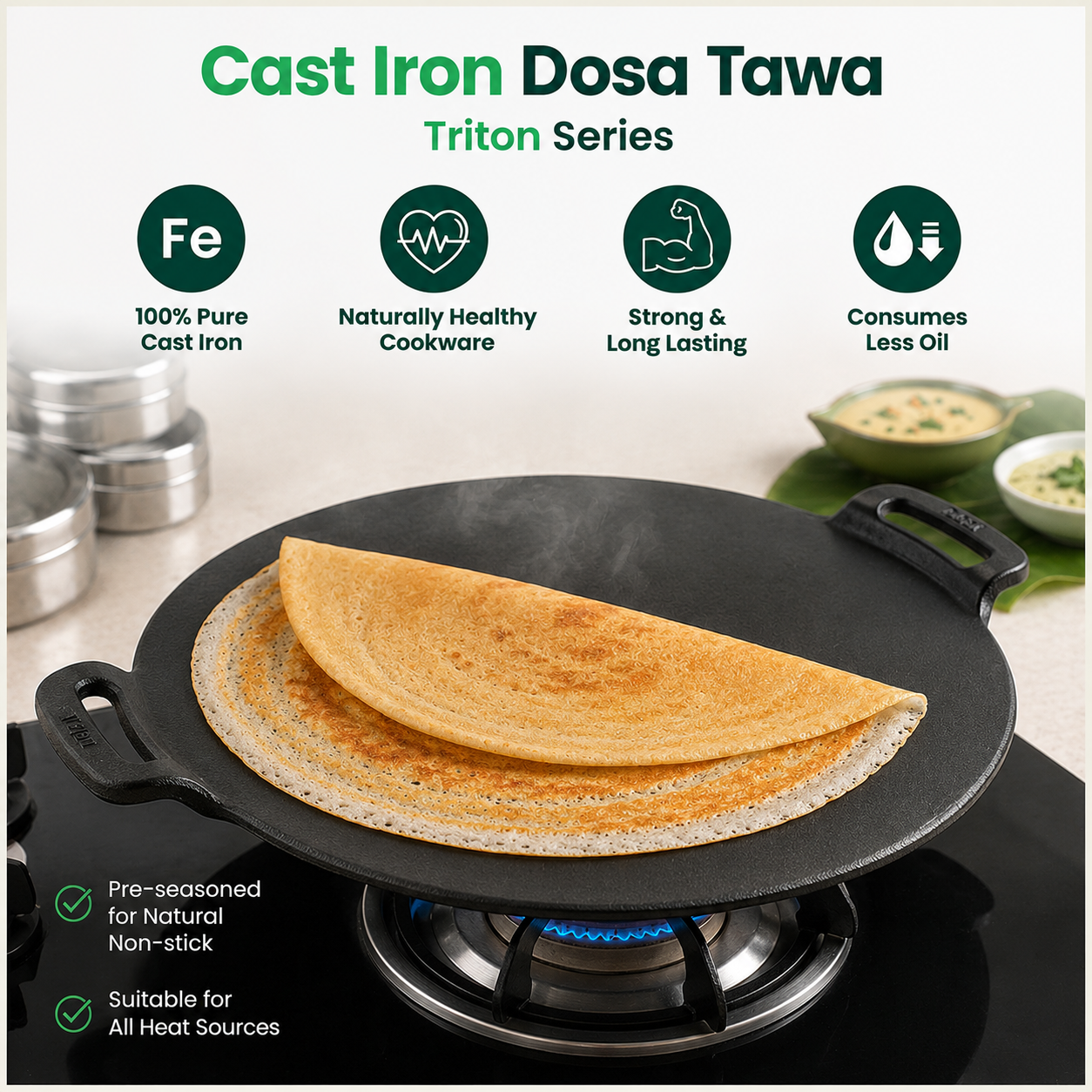 ROCA Cast Iron Dosa Tawa Triton | 12" | 30cm