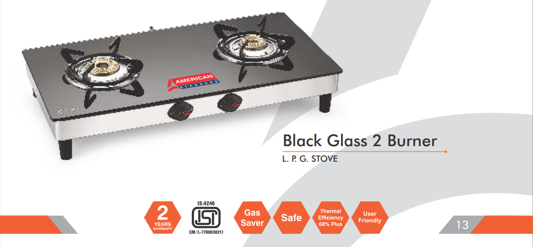 American Standard Black Glass 2 Burner – LPG Stove