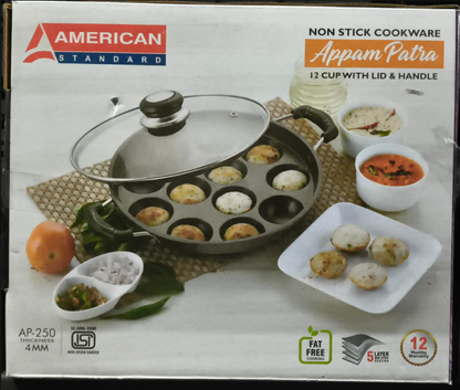 American Standard Non-Stick Appam Patra – 12 Cup (With Lid & Handle)